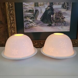 Porcelain Dome Tealight Candle Holder Engraved Snowflakes, Set Of 2